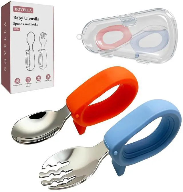Main image of Toddler Utensils, Stainless Steel Baby Forks and Spoons Set with Silicone Handle, Kids Silverware with Portable Storage Case, Baby Feeding Essentials, Dishwasher Safe (Blue+Red)