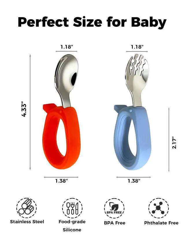 Alt view image 2 of 7 - Toddler Utensils, Stainless Steel Baby Forks and Spoons Set with Silicone Handle, Kids Silverware with Portable Storage Case, Baby Feeding Essentials, Dishwasher Safe (Blue+Red)