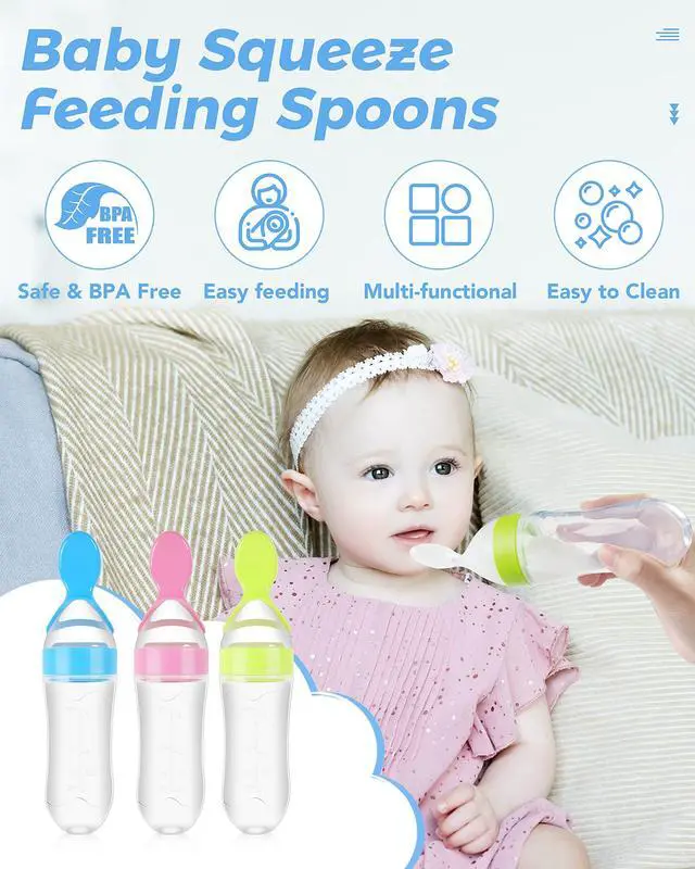 Alt view image 7 of 7 - 3 Pack Baby Food Feeder, 3 Oz Silicone Baby Feeder, 3 Colors Food Dispensing Spoon, Squeeze Spoon for Boys Girl Kids Toddlers