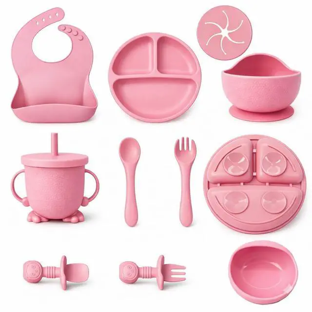 Main image of Baby Feeding Set, Silicone Baby Feeding Set with Suction Bowls, Divided Plates, Adjustable Bib, Baby Utensils Spoons, Forks & Cup Complete Baby Eating & Weaning Essentials (Pink)