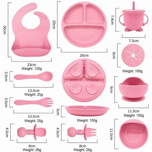 Alt view image 2 of 6 - Baby Feeding Set, Silicone Baby Feeding Set with Suction Bowls, Divided Plates, Adjustable Bib, Baby Utensils Spoons, Forks & Cup Complete Baby Eating & Weaning Essentials (Pink)