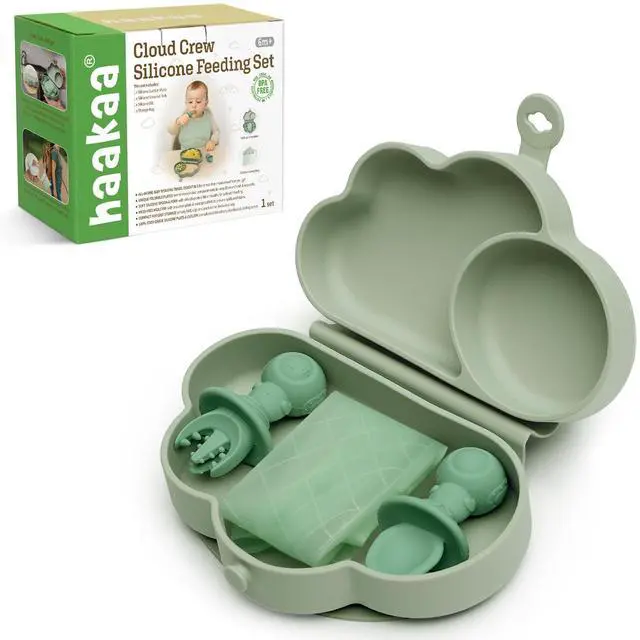 Main image of Cloud Crew Silicone Travel Baby Feeding Set with Foldable Suction Baby Plate, Silicone Bib, Baby Spoon and Fork, Waterproof Travel Bag, 6M+