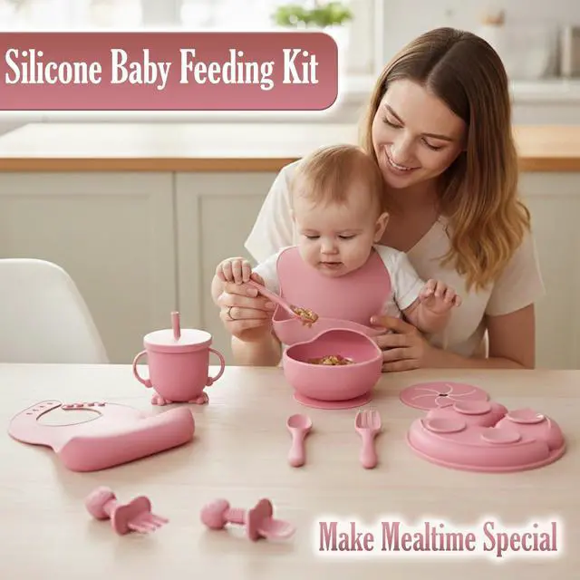 Alt view image 3 of 6 - Baby Feeding Set, Silicone Baby Feeding Set with Suction Bowls, Divided Plates, Adjustable Bib, Baby Utensils Spoons, Forks & Cup Complete Baby Eating & Weaning Essentials (Pink)
