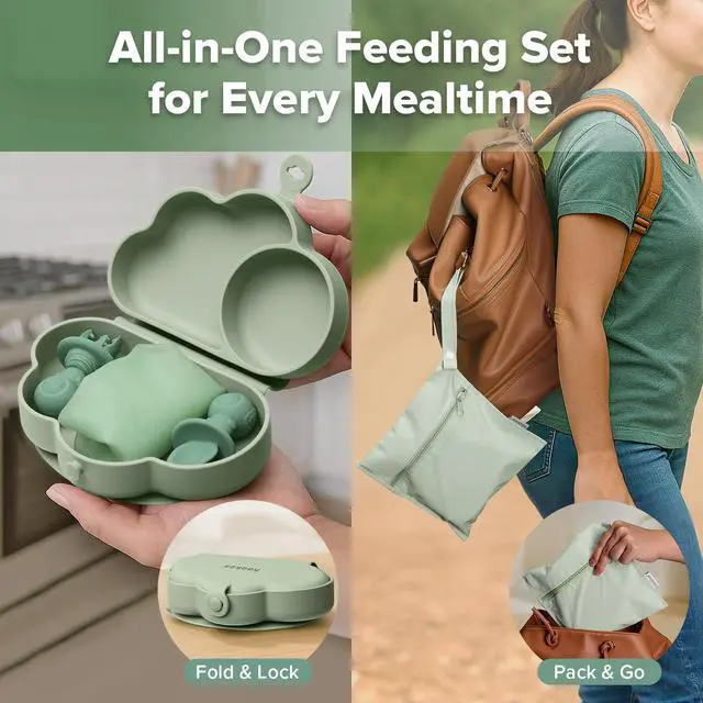 Alt view image 3 of 7 - Cloud Crew Silicone Travel Baby Feeding Set with Foldable Suction Baby Plate, Silicone Bib, Baby Spoon and Fork, Waterproof Travel Bag, 6M+