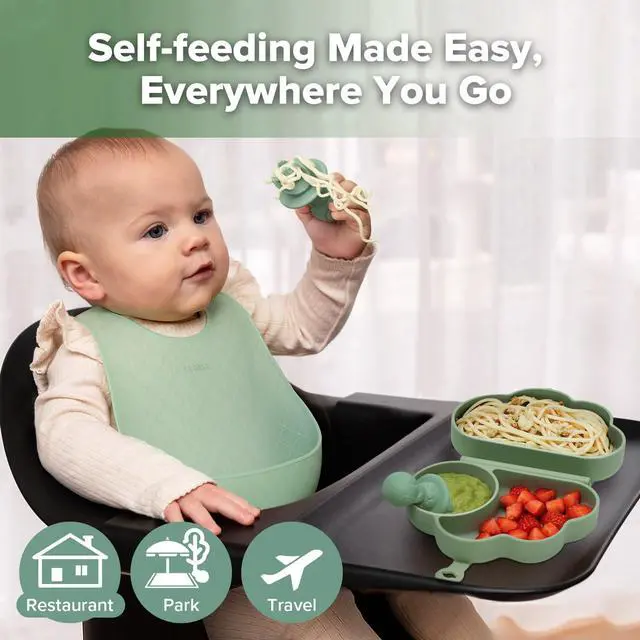 Alt view image 2 of 7 - Cloud Crew Silicone Travel Baby Feeding Set with Foldable Suction Baby Plate, Silicone Bib, Baby Spoon and Fork, Waterproof Travel Bag, 6M+
