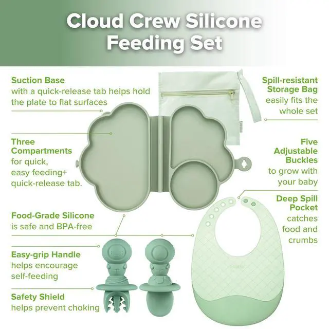Alt view image 4 of 7 - Cloud Crew Silicone Travel Baby Feeding Set with Foldable Suction Baby Plate, Silicone Bib, Baby Spoon and Fork, Waterproof Travel Bag, 6M+