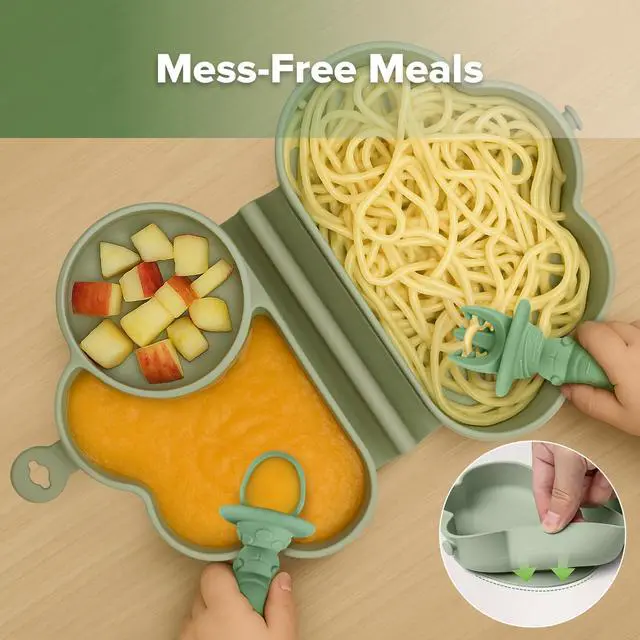 Alt view image 5 of 7 - Cloud Crew Silicone Travel Baby Feeding Set with Foldable Suction Baby Plate, Silicone Bib, Baby Spoon and Fork, Waterproof Travel Bag, 6M+