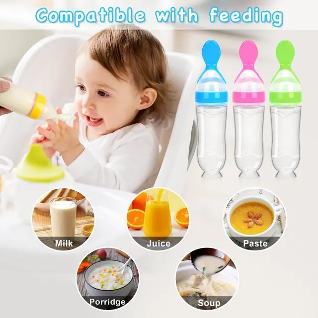Alt view image 2 of 7 - Baby Food Feeder 4 Pack Silicone Baby Food Dispensing Spoon, 3 oz Squeeze Feeding Spoons with Suction Cup for Boys Girl Kids Toddlers - Self Feeding Bottle Spoon