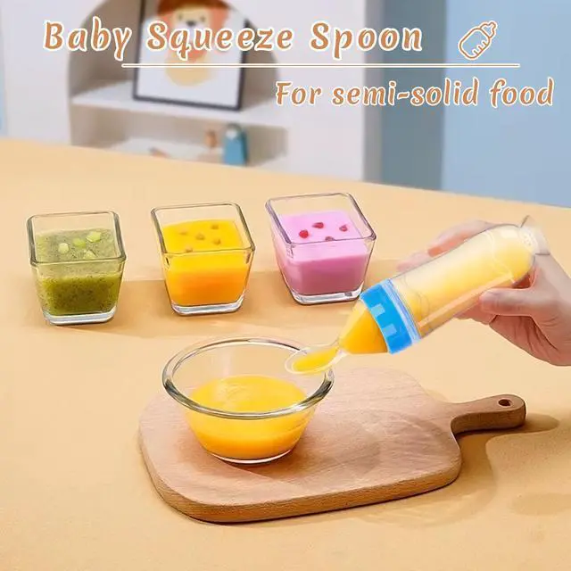 Alt view image 4 of 7 - Baby Food Feeder 4 Pack Silicone Baby Food Dispensing Spoon, 3 oz Squeeze Feeding Spoons with Suction Cup for Boys Girl Kids Toddlers - Self Feeding Bottle Spoon