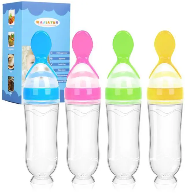 Main image of Baby Food Feeder 4 Pack Silicone Baby Food Dispensing Spoon, 3 oz Squeeze Feeding Spoons with Suction Cup for Boys Girl Kids Toddlers - Self Feeding Bottle Spoon