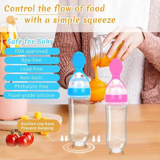 Alt view image 7 of 7 - Baby Food Feeder 4 Pack Silicone Baby Food Dispensing Spoon, 3 oz Squeeze Feeding Spoons with Suction Cup for Boys Girl Kids Toddlers - Self Feeding Bottle Spoon
