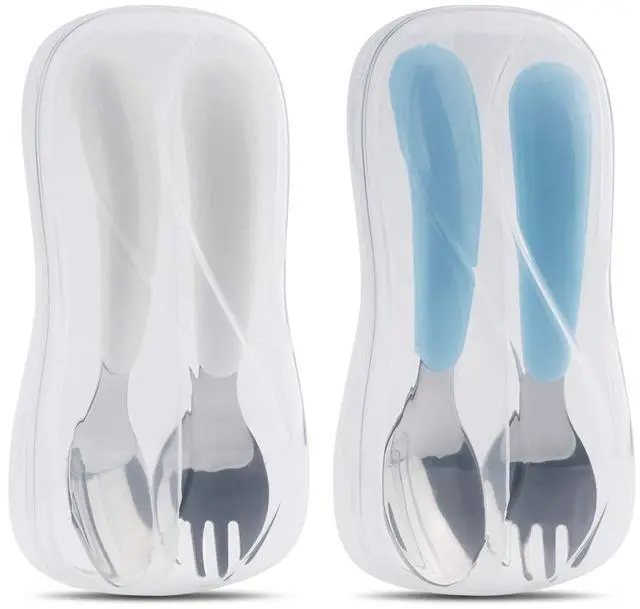 Main image of 2 Set Toddler Utensils, Toddler Forks and Spoons, Stainless Steel kids Silverware Set, Designed for Self Feeding Flatware Utensils with Travel Carrying Cases BPA Free (White & Aqua)