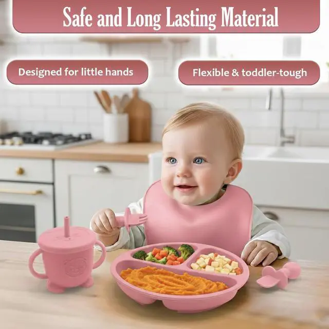 Alt view image 4 of 6 - Baby Feeding Set, Silicone Baby Feeding Set with Suction Bowls, Divided Plates, Adjustable Bib, Baby Utensils Spoons, Forks & Cup Complete Baby Eating & Weaning Essentials (Pink)