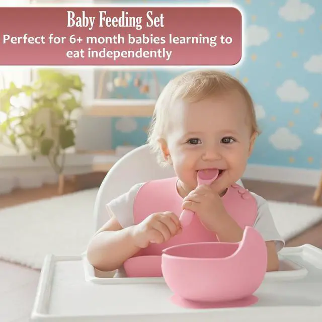 Alt view image 5 of 6 - Baby Feeding Set, Silicone Baby Feeding Set with Suction Bowls, Divided Plates, Adjustable Bib, Baby Utensils Spoons, Forks & Cup Complete Baby Eating & Weaning Essentials (Pink)