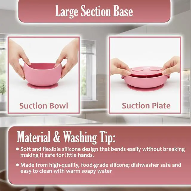 Alt view image 6 of 6 - Baby Feeding Set, Silicone Baby Feeding Set with Suction Bowls, Divided Plates, Adjustable Bib, Baby Utensils Spoons, Forks & Cup Complete Baby Eating & Weaning Essentials (Pink)