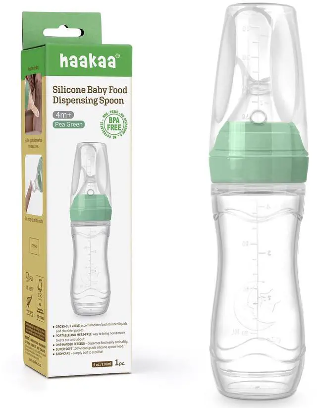 Main image of Silicone Baby Food Dispensing Spoon Feeder 4oz - Infant Squeeze Cereal Feeder, Baby Fresh Food Feeder, Feed Bottle for Puree, Solid Baby Food, BPA Free, 4m+ Babies Pea Green