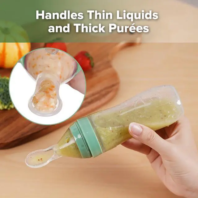 Alt view image 7 of 7 - Silicone Baby Food Dispensing Spoon Feeder 4oz - Infant Squeeze Cereal Feeder, Baby Fresh Food Feeder, Feed Bottle for Puree, Solid Baby Food, BPA Free, 4m+ Babies Pea Green
