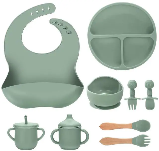 Main image of Silicone Baby Feeding Set 9 Pcs, Spill-Proof Suction Plate, Bowl, Bib, Silicone spoon&forks, Wooden Spoons&forks, Training cup with straw and Sippy Cup, Baby Eating Utensils (Green)