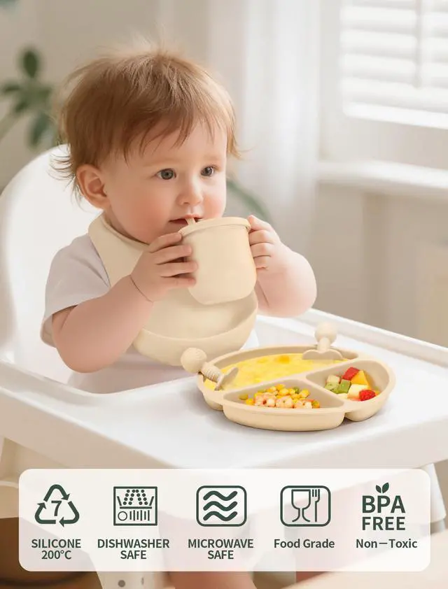 Alt view image 3 of 7 - Silicone Baby Feeding Set 9 Pcs, Spill-Proof Suction Plate, Bowl, Bib, Silicone spoon&forks, Wooden Spoons&forks, Training cup with straw and Sippy Cup, Baby Eating Utensils (Green)