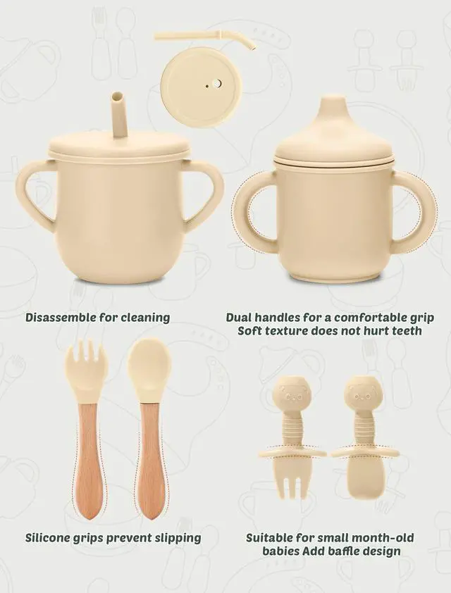 Alt view image 7 of 7 - Silicone Baby Feeding Set 9 Pcs, Spill-Proof Suction Plate, Bowl, Bib, Silicone spoon&forks, Wooden Spoons&forks, Training cup with straw and Sippy Cup, Baby Eating Utensils (Green)
