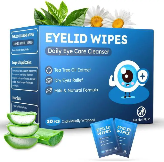 Main image of 30PCS Eyelid & Lash Wipes for Itchy & Dry Eyes, Tea Tree Oil Eyelid Wipes for Styes & Blepharitis, Daily Eye Cleansing Cloths, Hypoallergenic & Soothing For Sensitive Eyes, Stay Hydrated Lid Wipe