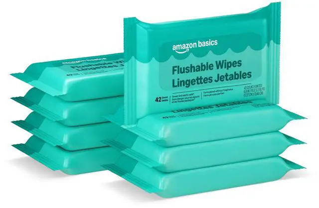 Main image of Flushable Adult Toilet Wipes, Fragrance Free, 42 Count (Pack of 8) (Total 336 wipes) (Previously Solimo), Packaging May Vary