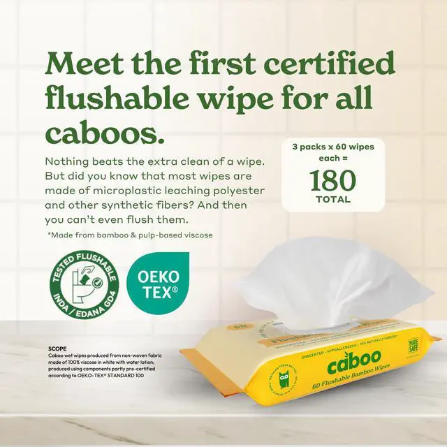 Alt view image 2 of 7 - Tree Free Flushable Wipes, Certified Flushable, Septic Safe, Biodegradable, Chemical Free, Unscented Wipes for Adults made with Renewable Bamboo Based Viscose (Pack of 3, Total of 180)