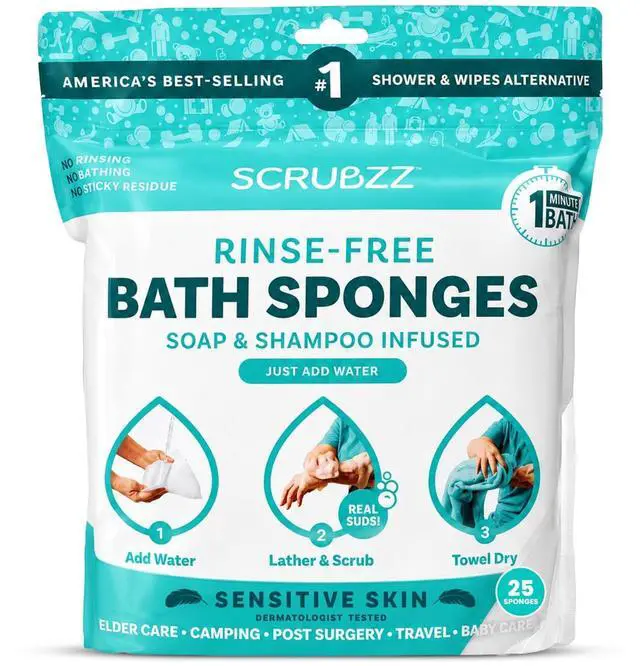 Main image of Disposable No Rinse Bathing Wipes for Senstive Skin - 25 Pack - All-in-1 Single Use Shower Wipes, Simply Dampen, Lather, and Dry Without Shampoo or Rinsing (Sensitive Skin, 1-Pack)