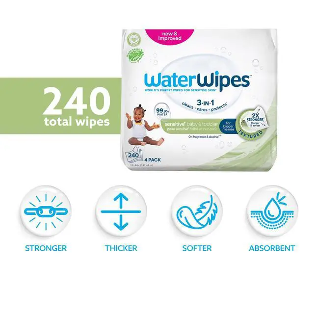 Alt view image 2 of 7 - Sensitive+ Baby & Toddler Wipes, 3-In-1 Cleans, Cares, Protects, 99.9% Water, Textured Clean, Unscented & Hypoallergenic, 240 Count (4 Packs)