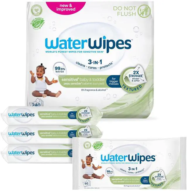 Main image of Sensitive+ Baby & Toddler Wipes, 3-In-1 Cleans, Cares, Protects, 99.9% Water, Textured Clean, Unscented & Hypoallergenic, 240 Count (4 Packs)
