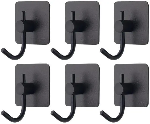 Main image of 6 Pack Adhesive Wall Hooks, Heavy Duty Sticky Holder Aluminum Towel Hooks for Hanging Coat, Hat, Key, Clothes, Closet Hook Wall Mount for Kitchen, Bathroom, Office (Black)
