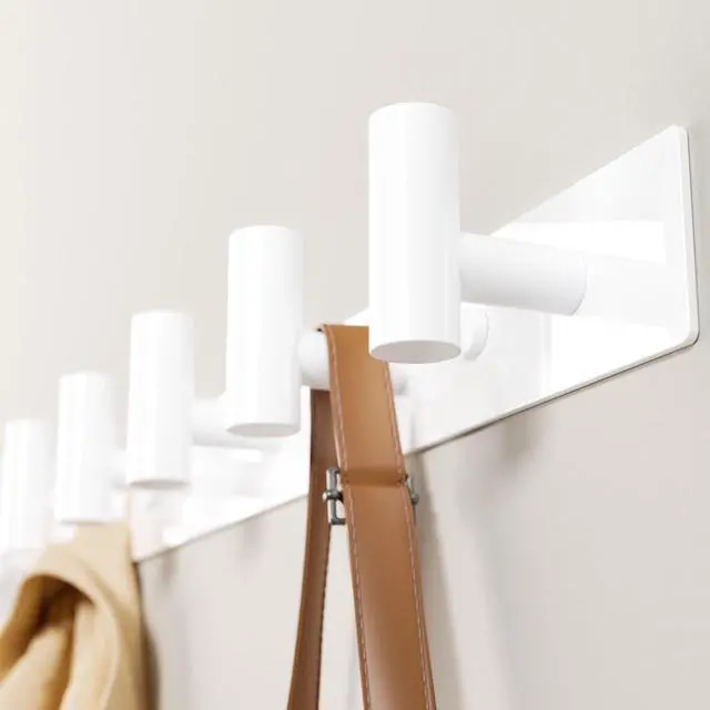 Main image of White Wall Mounted Coat Rack 5 T-Shaped Pegs for Hats, Bags & Towels, Heavy-Duty Metal Rail for Entryway, Bathroom, Closet, Bedroom (1 Pack)