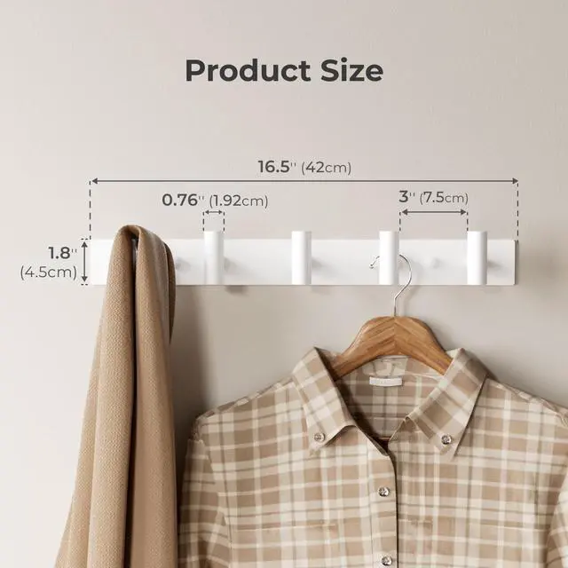 Alt view image 2 of 6 - White Wall Mounted Coat Rack 5 T-Shaped Pegs for Hats, Bags & Towels, Heavy-Duty Metal Rail for Entryway, Bathroom, Closet, Bedroom (1 Pack)