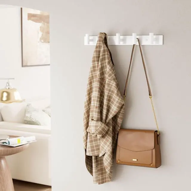Alt view image 3 of 6 - White Wall Mounted Coat Rack 5 T-Shaped Pegs for Hats, Bags & Towels, Heavy-Duty Metal Rail for Entryway, Bathroom, Closet, Bedroom (1 Pack)