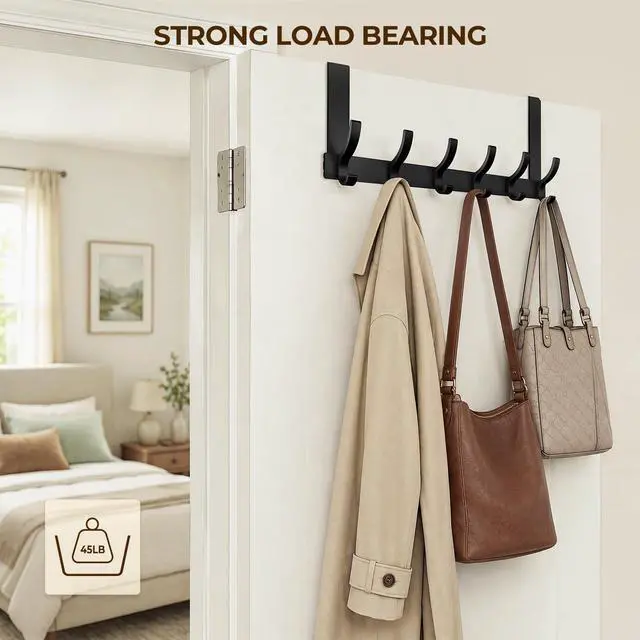 Alt view image 3 of 7 - Over The Door Hooks, Door Hanger Hooks for Hanging, Towel Racks for Bathroom with 12 Coat Hook, Coat Rack College Dorm Essentials Bathroom Accessories1 Pack, Black