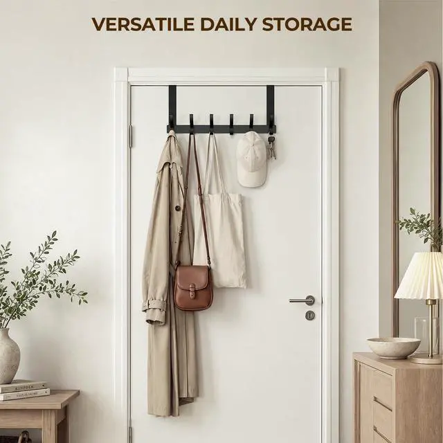 Alt view image 5 of 7 - Over The Door Hooks, Door Hanger Hooks for Hanging, Towel Racks for Bathroom with 12 Coat Hook, Coat Rack College Dorm Essentials Bathroom Accessories1 Pack, Black