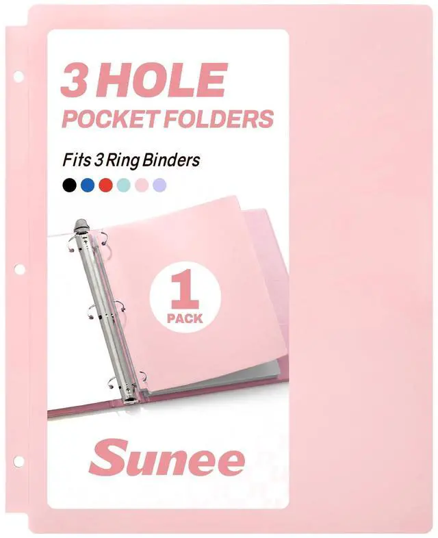 Main image of 3 Hole Pocket Folders (1 Pack, Pink), Plastic Pocket Folders for 3 Ring Binder, 3-Hole Punched Folder with Pockets, for Kids, Students, Teachers, Office Staff