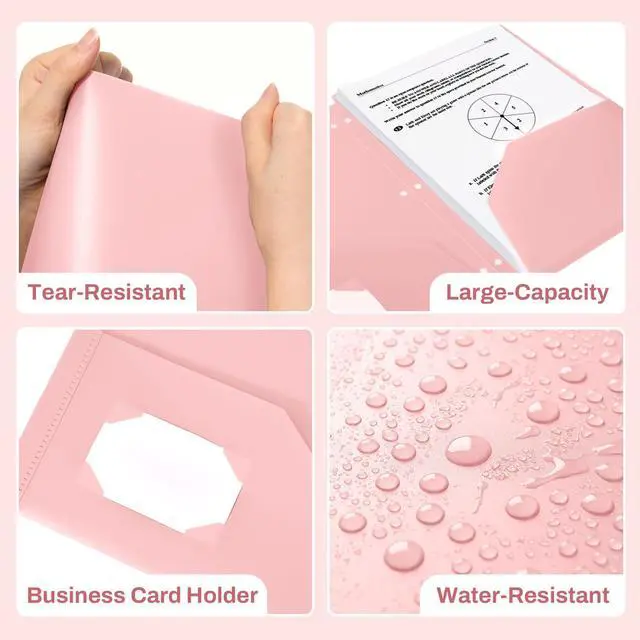 Alt view image 4 of 7 - 3 Hole Pocket Folders (1 Pack, Pink), Plastic Pocket Folders for 3 Ring Binder, 3-Hole Punched Folder with Pockets, for Kids, Students, Teachers, Office Staff