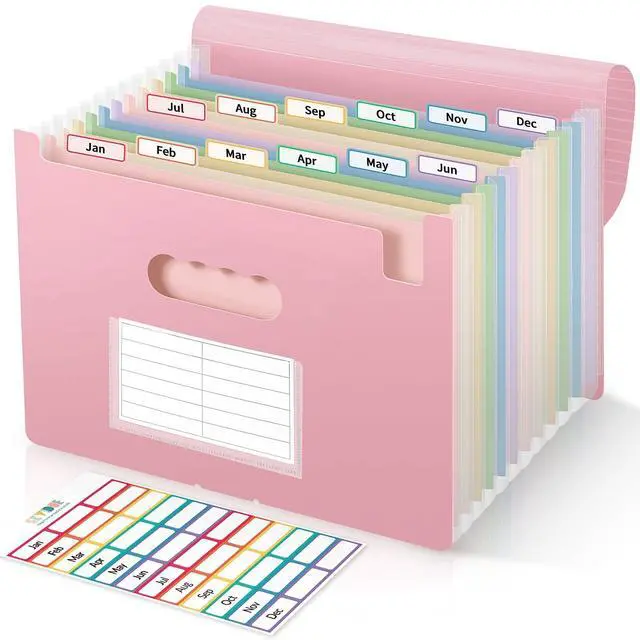 Main image of 13-Pocket Expanding File Folder, Accordion Document Organizer with Monthly Labels, A4 & Letter Size for Tax Records, Medical Files, Receipts, Home Office Use Pink