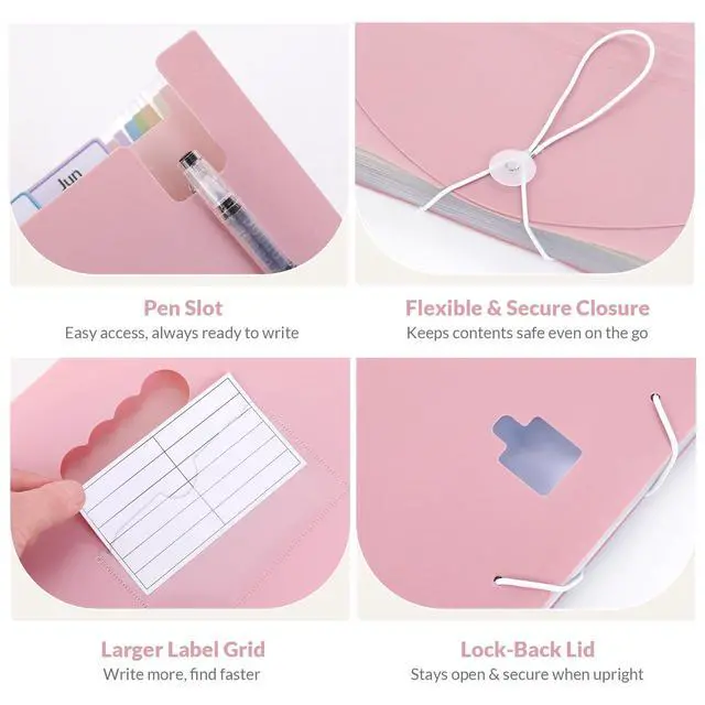 Alt view image 3 of 7 - 13-Pocket Expanding File Folder, Accordion Document Organizer with Monthly Labels, A4 & Letter Size for Tax Records, Medical Files, Receipts, Home Office Use Pink