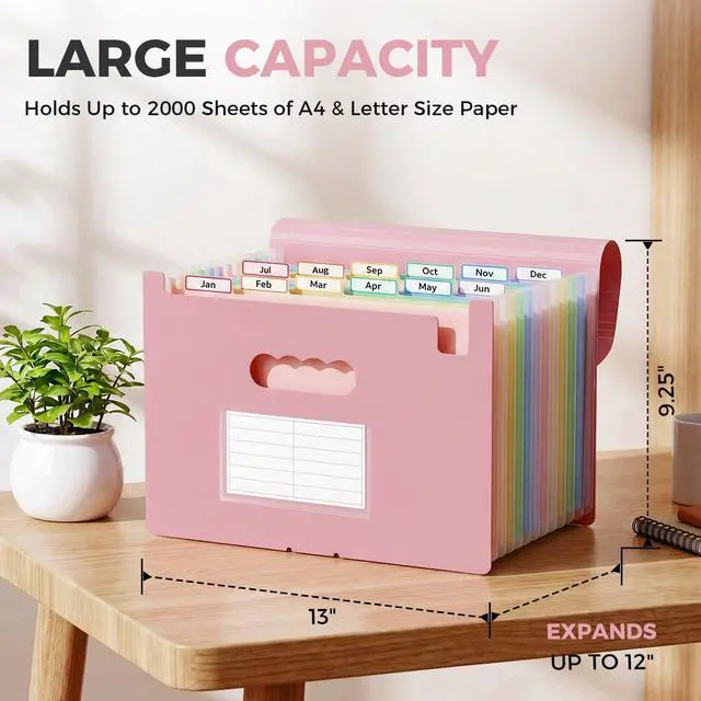 Alt view image 4 of 7 - 13-Pocket Expanding File Folder, Accordion Document Organizer with Monthly Labels, A4 & Letter Size for Tax Records, Medical Files, Receipts, Home Office Use Pink