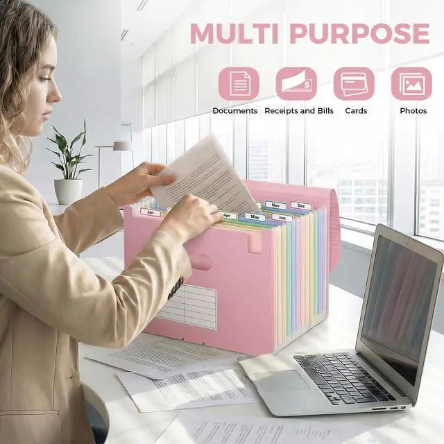 Alt view image 5 of 7 - 13-Pocket Expanding File Folder, Accordion Document Organizer with Monthly Labels, A4 & Letter Size for Tax Records, Medical Files, Receipts, Home Office Use Pink