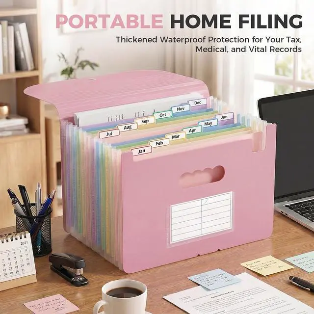 Alt view image 6 of 7 - 13-Pocket Expanding File Folder, Accordion Document Organizer with Monthly Labels, A4 & Letter Size for Tax Records, Medical Files, Receipts, Home Office Use Pink