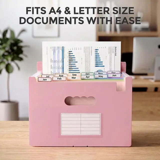Alt view image 7 of 7 - 13-Pocket Expanding File Folder, Accordion Document Organizer with Monthly Labels, A4 & Letter Size for Tax Records, Medical Files, Receipts, Home Office Use Pink