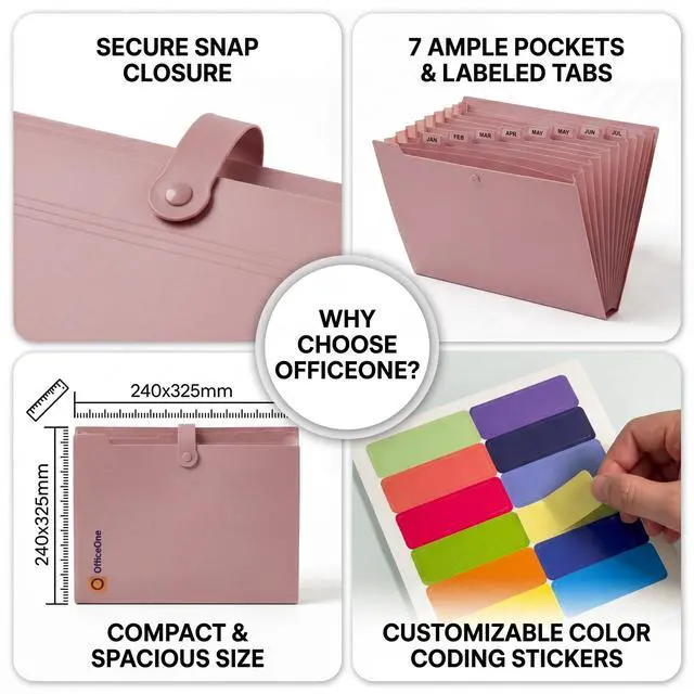 Alt view image 4 of 7 - 8-Pocket Expanding File Folder, A4 Letter Size Accordion Document Organizer with Snap Closure, Labeled Tabs & Customizable Color-Coding Stickers, Home Office School (Dusty Pink)