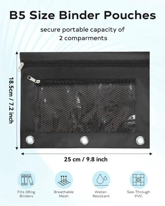 Alt view image 2 of 7 - Pencil Pouch for 3 Ring Binder - 3 Hole Zipper Pen Case Bag Holder Bulk Accessories Clear Window Aesthetic Organizer Pockets