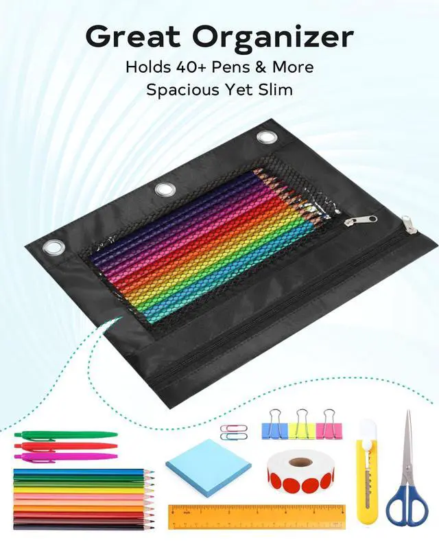 Alt view image 5 of 7 - Pencil Pouch for 3 Ring Binder - 3 Hole Zipper Pen Case Bag Holder Bulk Accessories Clear Window Aesthetic Organizer Pockets
