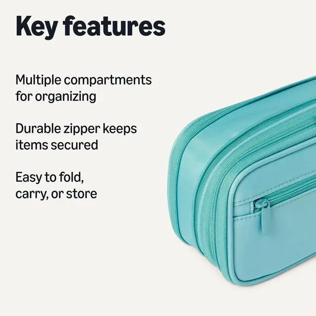 Alt view image 2 of 6 - Large Capacity Pencil Case with Durable Zipper, Multi-Compartment, Cyan Mild