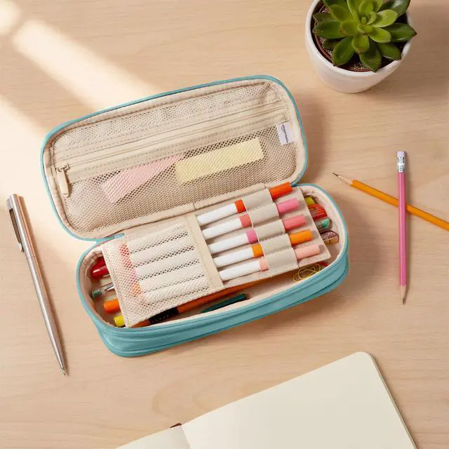 Alt view image 4 of 6 - Large Capacity Pencil Case with Durable Zipper, Multi-Compartment, Cyan Mild