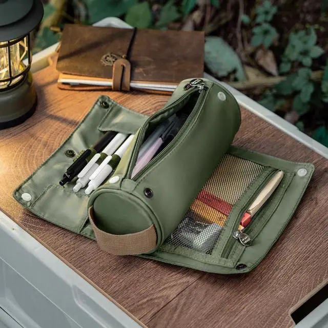 Alt view image 6 of 7 - Large Capacity Pencil Case Roll Up Design Multifunctional Pencil Holder Pouch Stationery Pen Bag for Teen Girls and Boys Camping style - Green